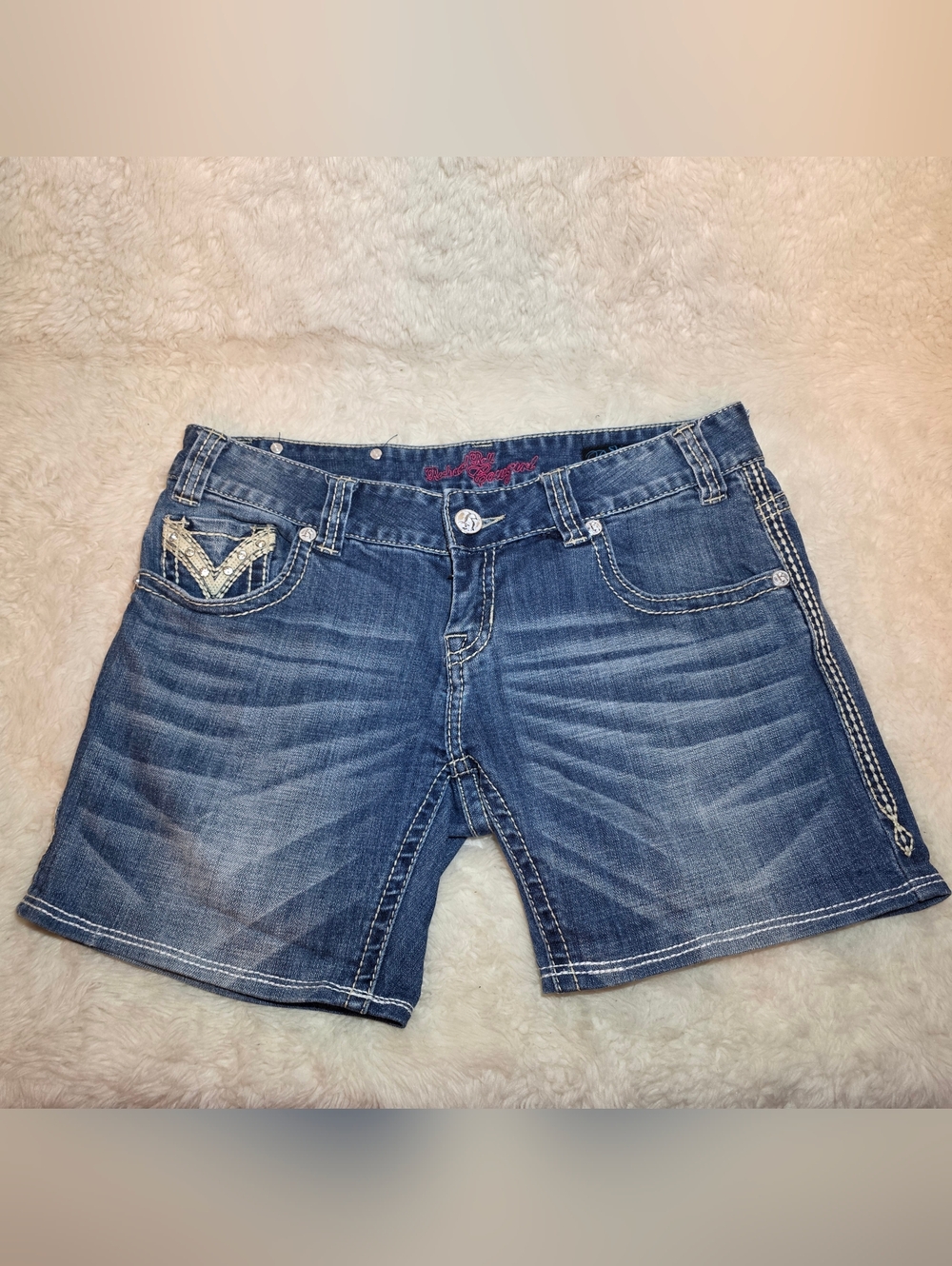 Women’s Blue Denim Shorts with Embellished Pocket